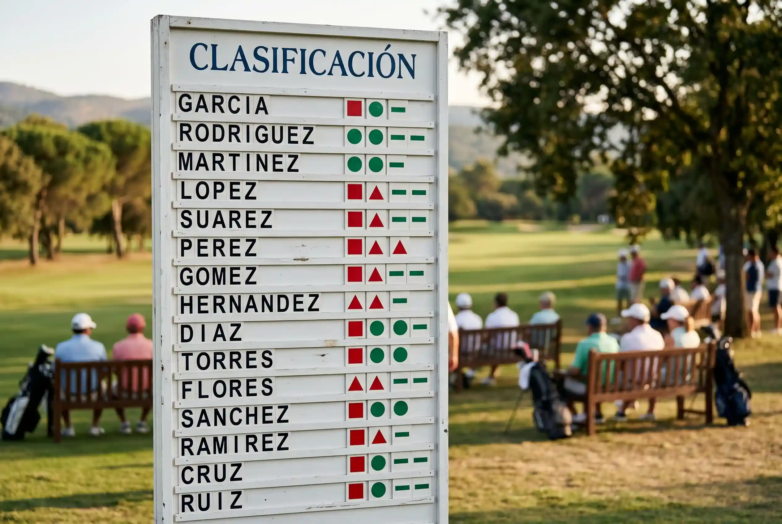 Leaderboard tradicional de un torneo profesional de golf con los puntajes de los jugadores