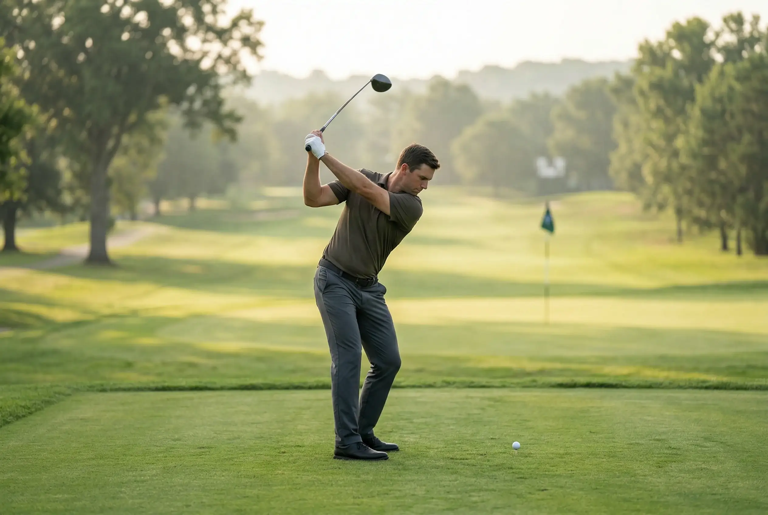 Jugador de golf profesional en el tee de salida de un torneo del PGA Tour con bandera del hoyo al fondo